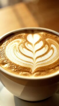 Close-up of a latte art heart design in a ceramic cup showcasing intricate foam patterns and warm lighting for coffee shop branding or lifestyle content