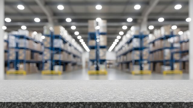 Blurry image of a large warehouse storage facility with shelving units