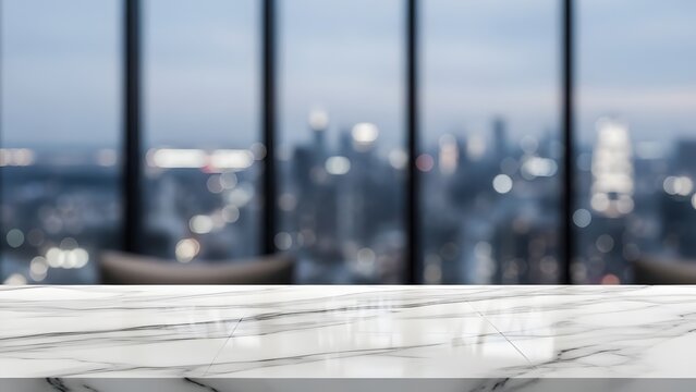 Marble surface with blurred cityscape view through window