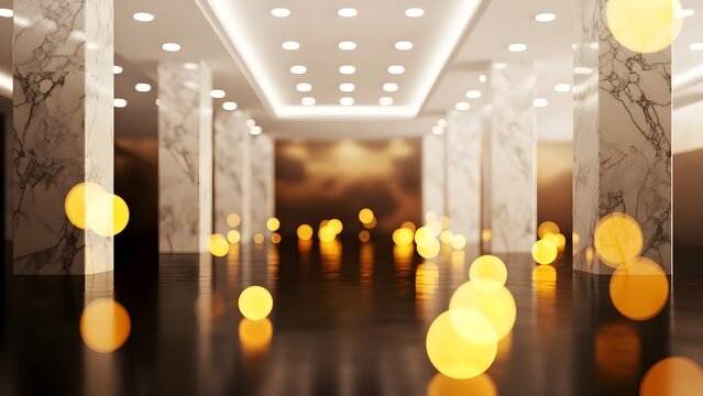 A blurred view of a luxurious hallway with marble columns and glowing lights