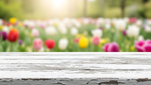 Vibrant tulip garden scene with wooden surface in foreground on a sunny day