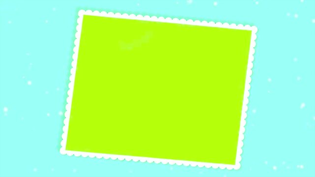 Tilted Green Screen Photo Frame with Scalloped Border on Soft Blue Motion Background