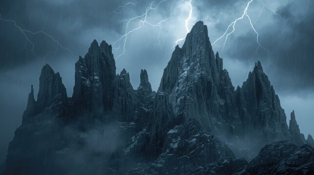 Dramatic jagged dark rocky mountains with sharp peaks under stormy sky and lightning bolts flashing intensely surrounding landscape.