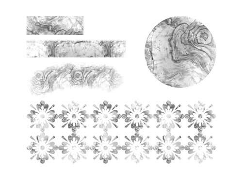 Ilustraci&oacute;n fondo transparente PNG. Frottage de grafito con textura de madera, flores, franjas, manchas y c&iacute;rculo para dise&ntilde;o, web, banner y redes sociales. Colecci&oacute;n blanco y negro.