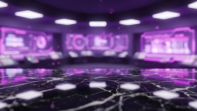 A futuristic room with a shiny black marble floor and purple neon lights
