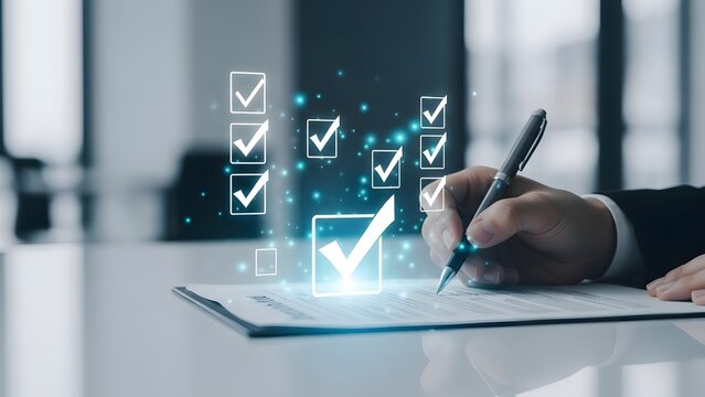 Business quality control and document checklist approval. Compliance and task management concept. Person hand using a pen to sign a contract with glowing digital check mark icons.