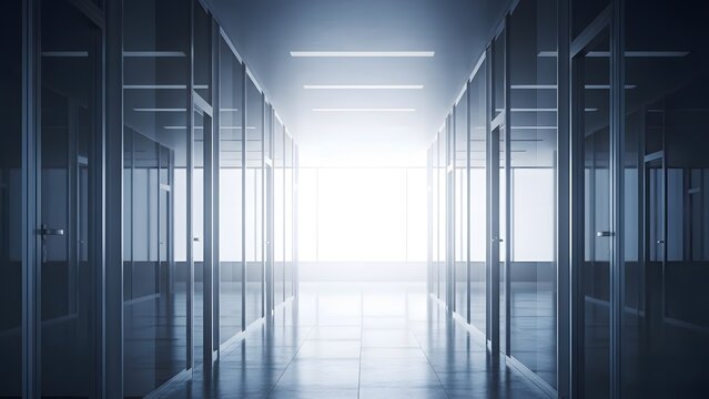 A dimly lit server room with rows of computer servers and a bright light at the end of the corridor
