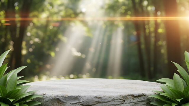 Serene forest scene with sunbeams shining through trees onto a stone platform