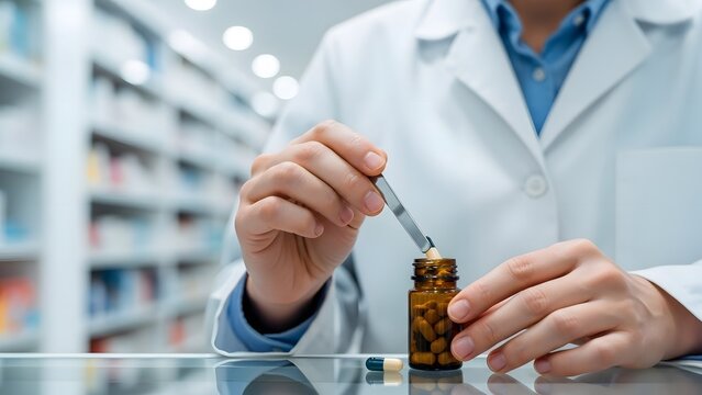 A pharmacist or lab worker carefully handling a small vial and dropper in a professional setting with shelves of products