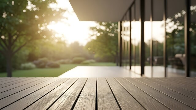 Serene modern home exterior with wooden deck and lush garden at sunset