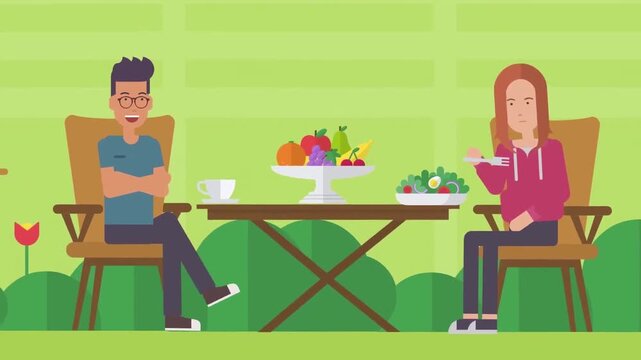 Couple enjoying romantic dinner in garden animation, relationship and outdoor dining lifestyle concept