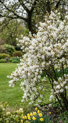 Obraz premium White flowering shrub in garden during spring season 