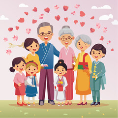Fototapeta premium Illustration of a multi-generational family standing together on a green lawn with pink hearts and flowers floating above them, conveying a joyful and loving atmosphere.