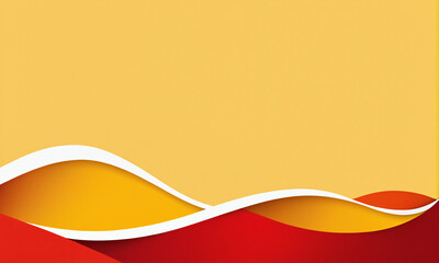 abstract composition with red and orange waves at the bottom and a solid yellow top section with white curved bands and bright crimson accents.