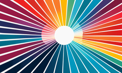 Fototapeta premium vibrant rainbow spectrum radial stripes extending from a bright white central circle across the entire frame in a colorful sunburst arrangement.