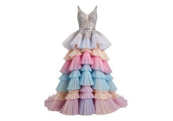 Vibrant multi-colored tiered ruffled dress with elegant cape isolated on transparent background