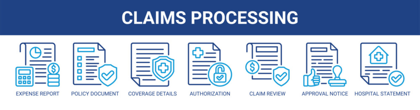 Claims Processing web banner icon vector illustration concept with icons of expense report, policy document, coverage details, authorization letter, claim review, approval notice, hospital statement.