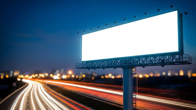 A large blank billboard sign on the side of a busy highway at dusk with city lights in the background