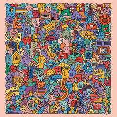 Vibrant Cartoon Characters and Symbols Collage.