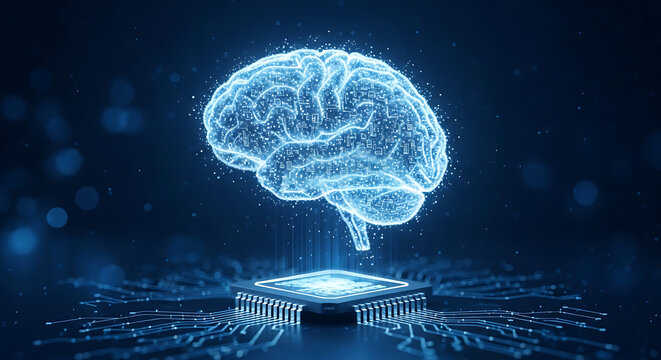 Glowing brain illustration emerging from microchip circuit board, representing artificial intelligence and technology advancements in a futuristic digital landscape viewpoint