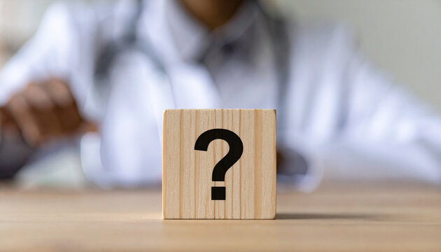 Wooden cube with question mark, doctor in uniform blurred in background, healthcare urgency and medical decision-making