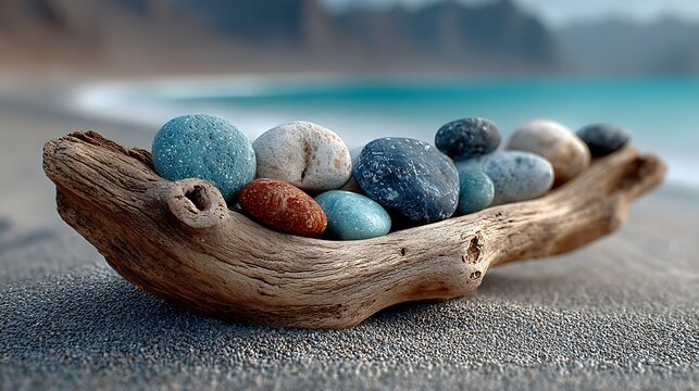 Minimal driftwood sculpture with rounded beach stones wallpapers