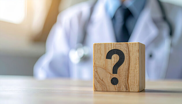 Wooden cube with question mark, doctor in uniform blurred in background, healthcare urgency and medical decision-making