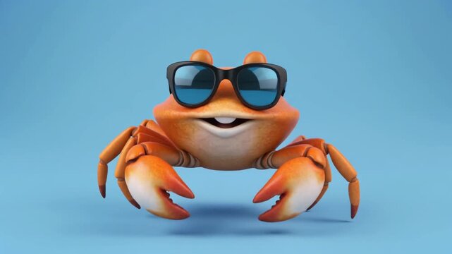Cartoon orange crab with sunglasses smiling.