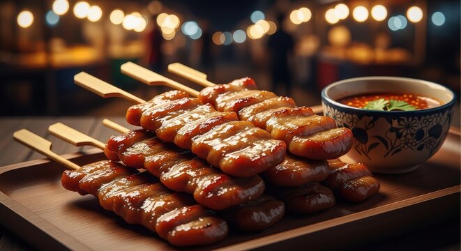 Delicious grilled pork skewers (Moo Ping) served on a wooden tray with spicy dipping sauce, street food at a night market.