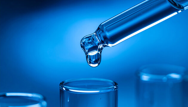 Lab pipette holding droplet of chemical liquid, dark blue background, pharmaceutical and healthcare research
