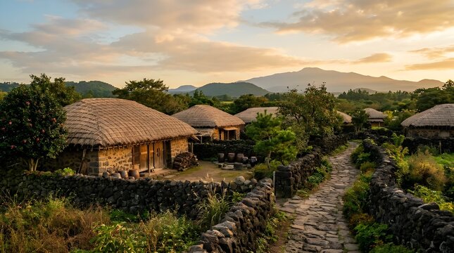 Traditional Jeju Thatched Roof Choga Jip Houses Volcanic Doldam Stone Walls Golden Hour Rural Korean Cultural Atmosphere Scene