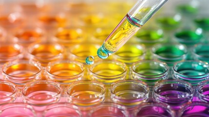 Precise dispensing of colorful liquid droplets from a laboratory pipette into a scientific microplate for research analysis