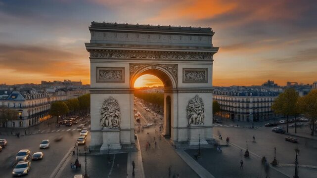 The Arc de Triomphe overlooks a bustling Paris street during a dramatic sunset.