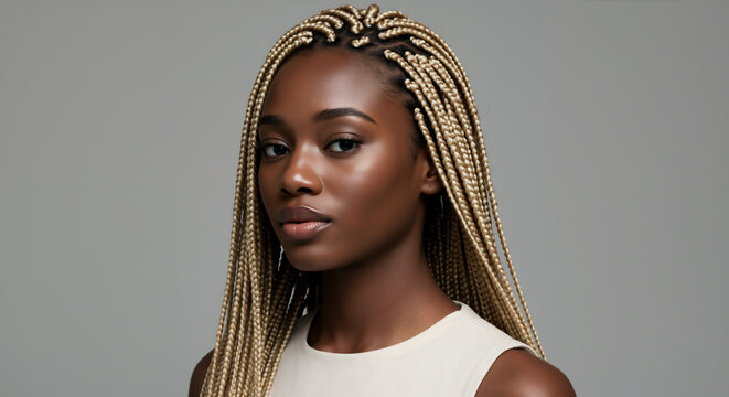 Portrait of young Black woman with long blonde box braids. Female model with braided hairstyle looking at camera