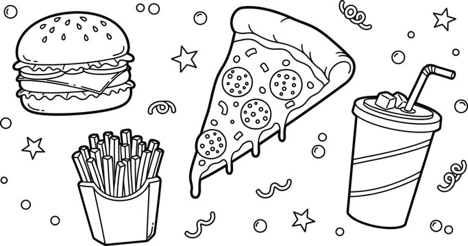 Fun food colouring page for kids hamburger pizza fries and drink