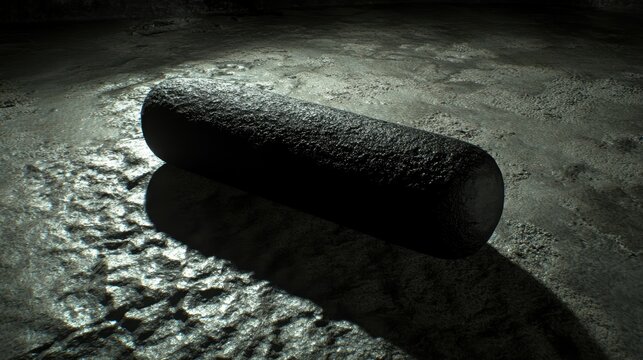 Unsharpened charcoal stick with rough texture resting on a textured surface under dramatic lighting