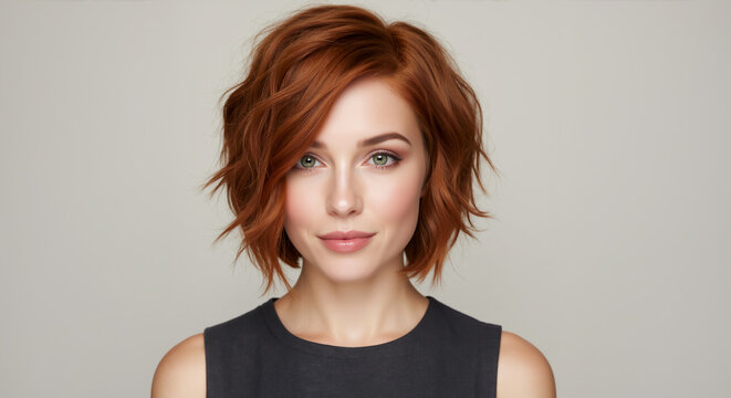 Portrait of a woman with short wavy red hair. Female model with ginger bob hairstyle on grey background