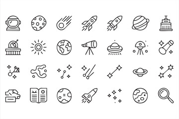 Universe Exploration Line Icons With Rocket Satellite Galaxy Stars And Astronomy Symbols © ALI