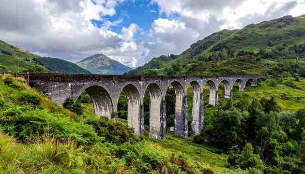 A stone arch viaduct gracefully spans a verdant valley under a partly cloudy sky, nestled amid rolling hills