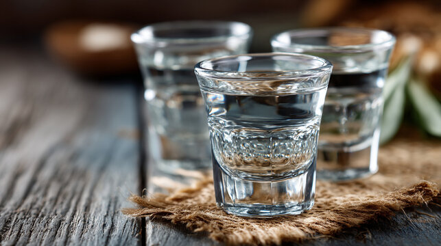 Four shot glasses filled with clear liquid on a rustic wooden table.