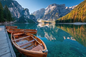 Fototapeta premium Serene Lake Braies with Wooden Boats and Majestic Dolomite Mountains Reflected in Clear Water.