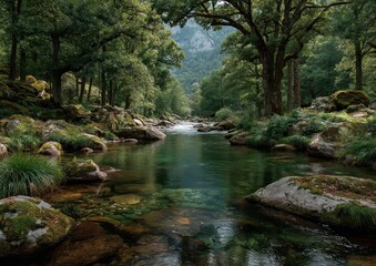 Obraz premium A quiet mountain stream flowing over mossy stones beneath a dense canopy of green leaves