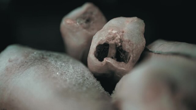 Headless raw frozen hake fish carcasses covered in thick sharp ice crystals and deep frost. Concept of commercial cold chain preservation, seafood processing, and raw grocery storage.