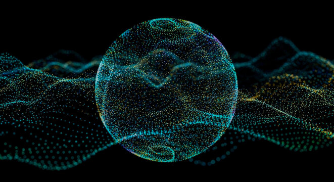 3D virus particle glowing in dark microscopic environment with neon lights
