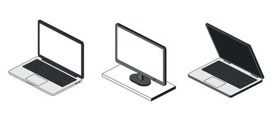 Laptops and monitor displaying blank screens in isometric layout