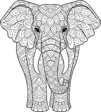 Mandala Elephant Illustration, Decorative Zentangle Elephant Head with Floral Pattern, Ethnic Boho Animal Line Art Vector for Tattoo, Coloring Book and Ornament Design