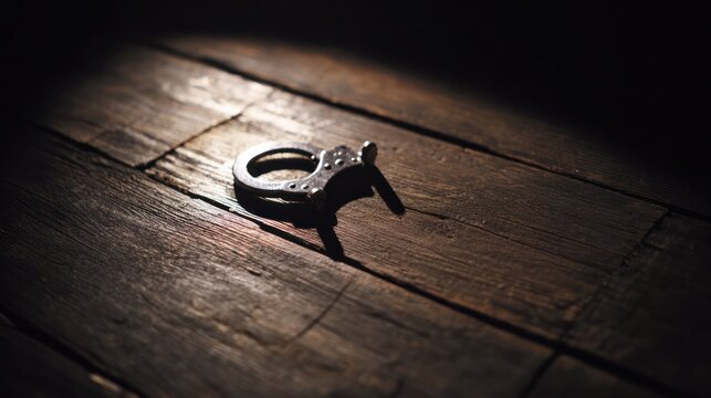 A broken metal handcuff on old wooden floorboards, dramatic side lighting creating shadows. public awareness campaigns.