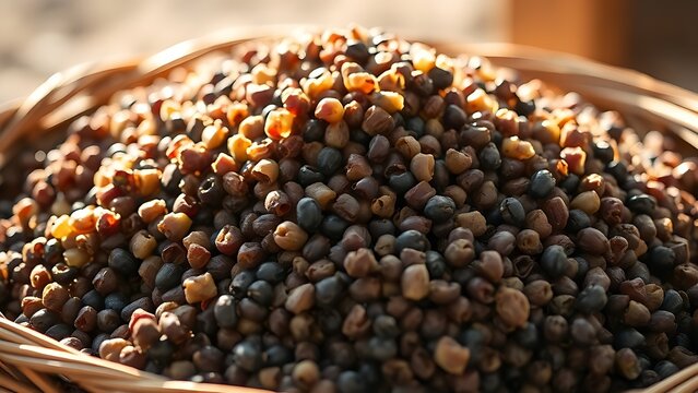 pomace. Pile of pressed grape pomace in a wooden basket in soft sunlight. menu design, packaging mockups, designed for food delivery and cloud-kitchen brand materials, used by software engineers.