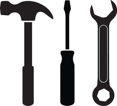 Clean black tool icons featuring screwdriver, hammer, and wrench&mdash;perfect for DIY, repair services, hardware branding, apps, and print.