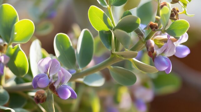 Close-up of licorice plant with pinnate leaves and purple flowers. gardening catalogs, home-decor guides, designed for gardening and botanical catalogs, used by photographers.